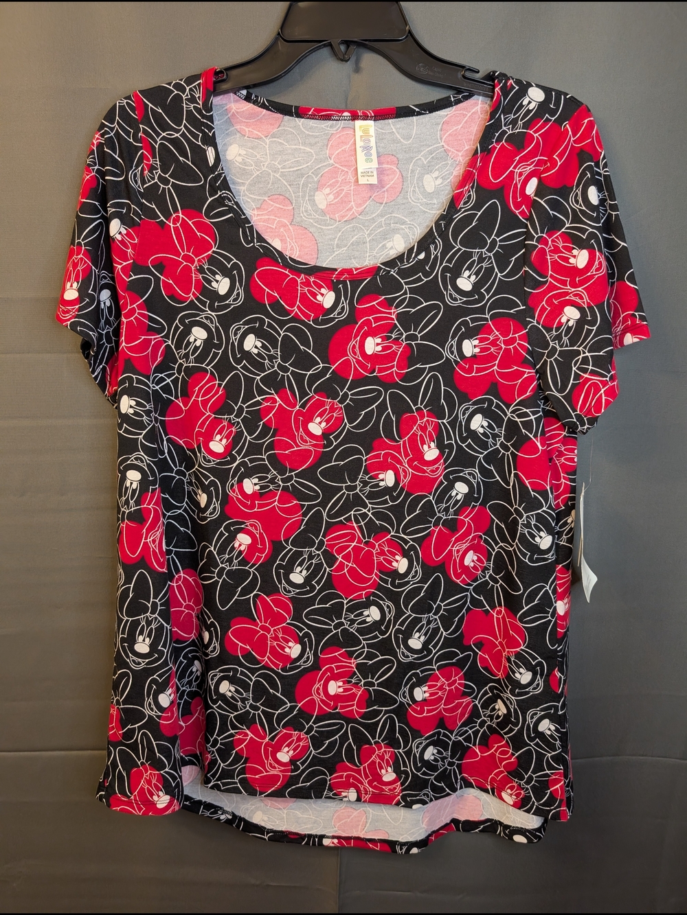 LuLaRoe Black Tee with Red & White Minnie Mouse Floral Print